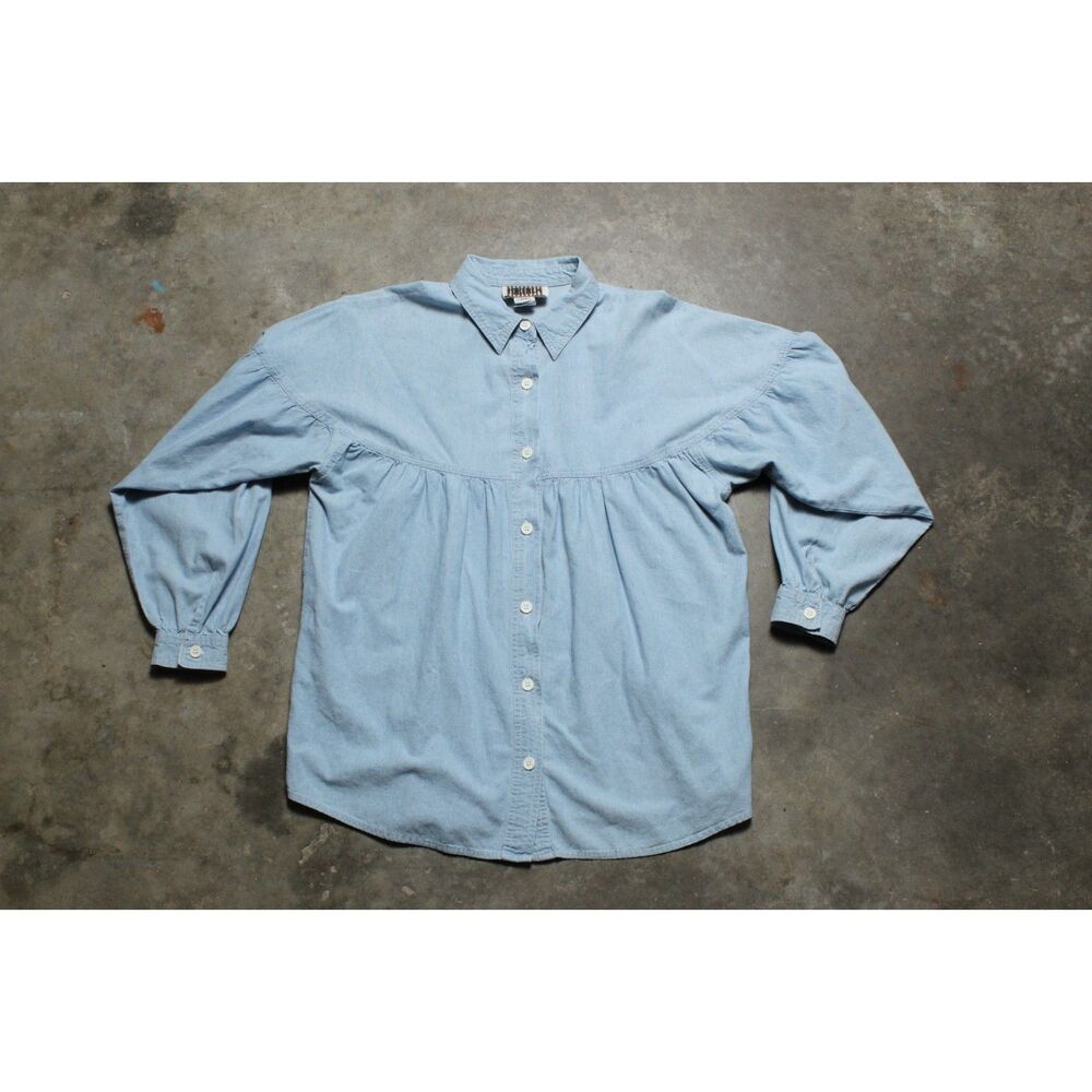 Vintage 90s Forenza Light Denim Colored Ruffle Shirt - Medium